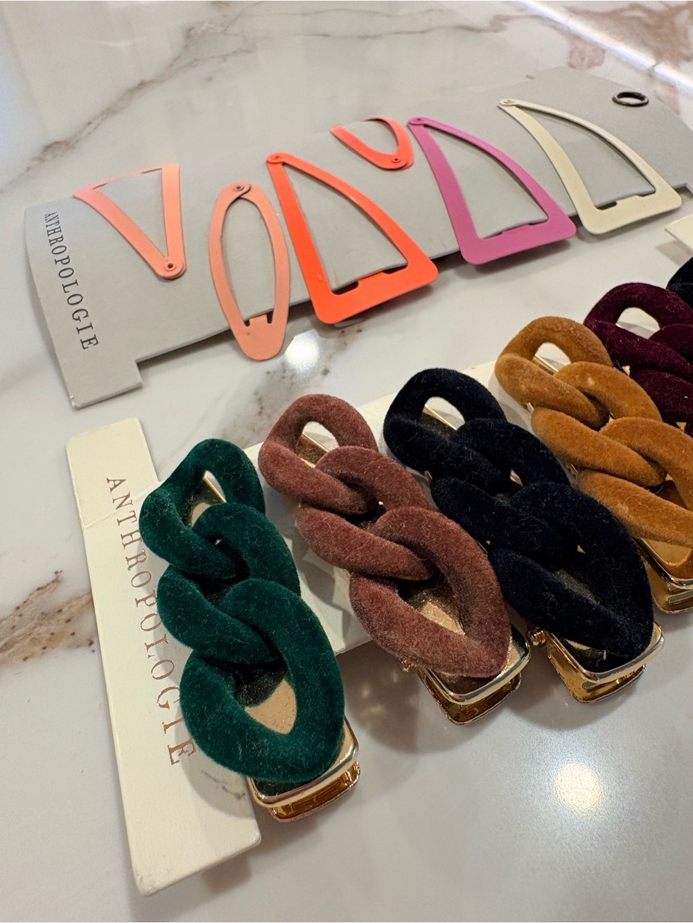 Anthropologie Velvet Chain Hair Clips in Emerald, Brown, Black & Mustard